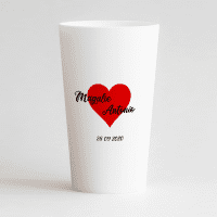 Un ecocup blanc de dos pour un mariage avec coeur rouge, prénoms et date.