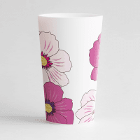 Un ecocup blanc de dos avec des grandes fleurs roses sur toute sa surface.