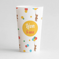 un ecocup blanc de face avec des motifs oursons et ballons et un médaillon à personnaliser