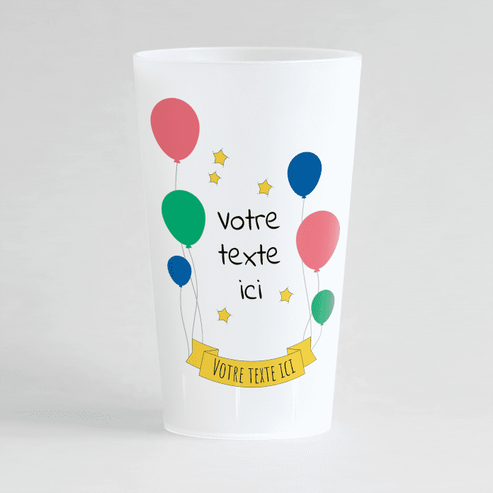 Un ecocup givré de face avec des motifs festifs étoiles ballons et ruban, et des zones de texte éditable.