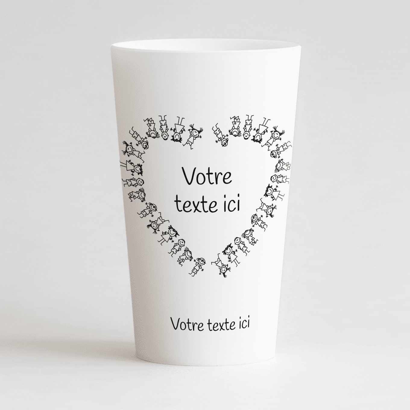 Un ecocup blanc de face avec deux zones de texte et des dessins d'enfants.