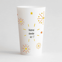 Un ecocup blanc de face avec des feux d'artifice