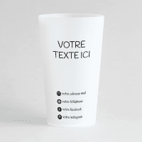 Un ecocup givré de face sur un thème carte de visite avec une zone de texte éditable et des coordonnées à renseigner.