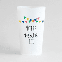 Un ecocup givré de dos avec des fanions festifs colorés et une zone de texte éditable.