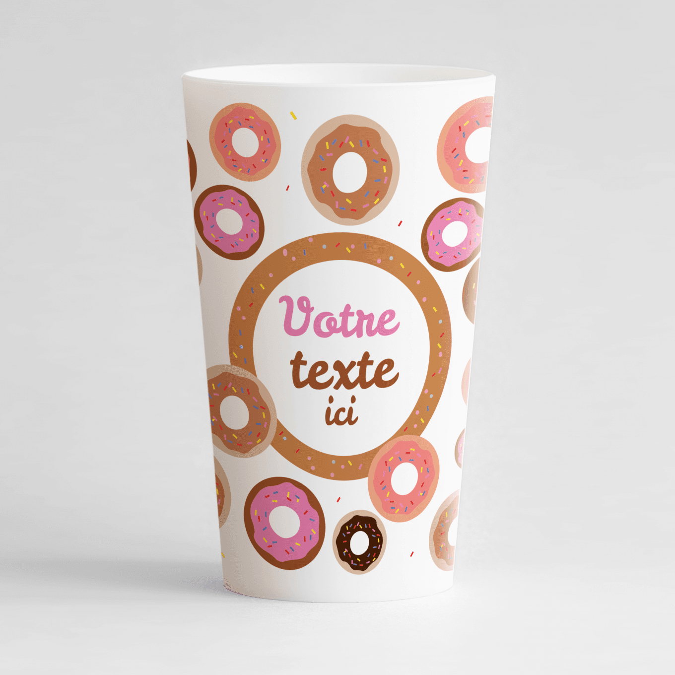 Un ecocup blanc de face avec des donuts