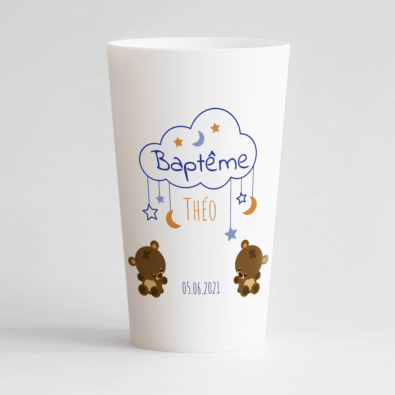 Un ecocup blanc de face pour un bapteme avec des étoiles, des lunes et des oursons