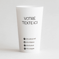 Un ecocup blanc de face sur un thème carte de visite avec une zone de texte éditable et des coordonnées à renseigner.