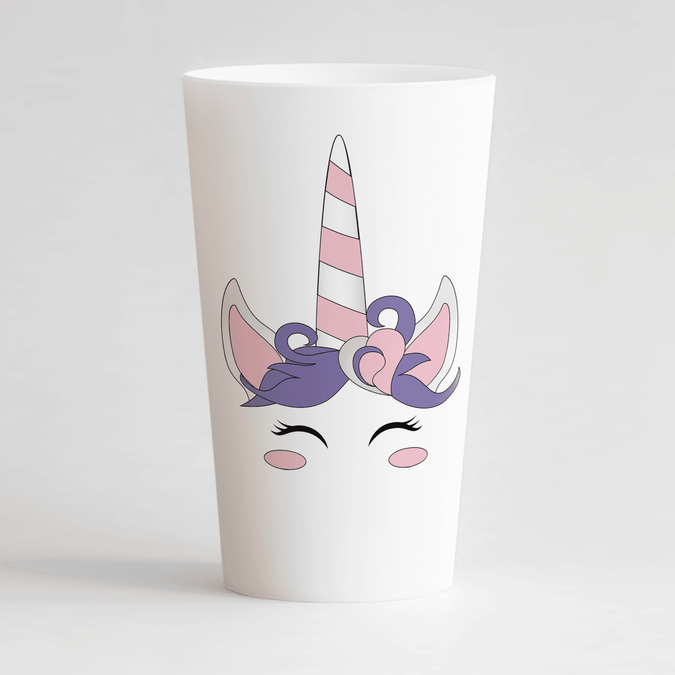 Un ecocup blanc de face avec un motif licorne rose et mauve.