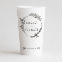 Un ecocup blanc de face avec un thème mariage romantique noir et blanc, à personnaliser.