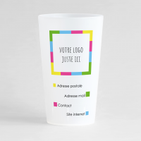 Un ecocup givré de face pour votre entreprise avec des couleurs vives et des zones pour votre logo et vos coordonnées