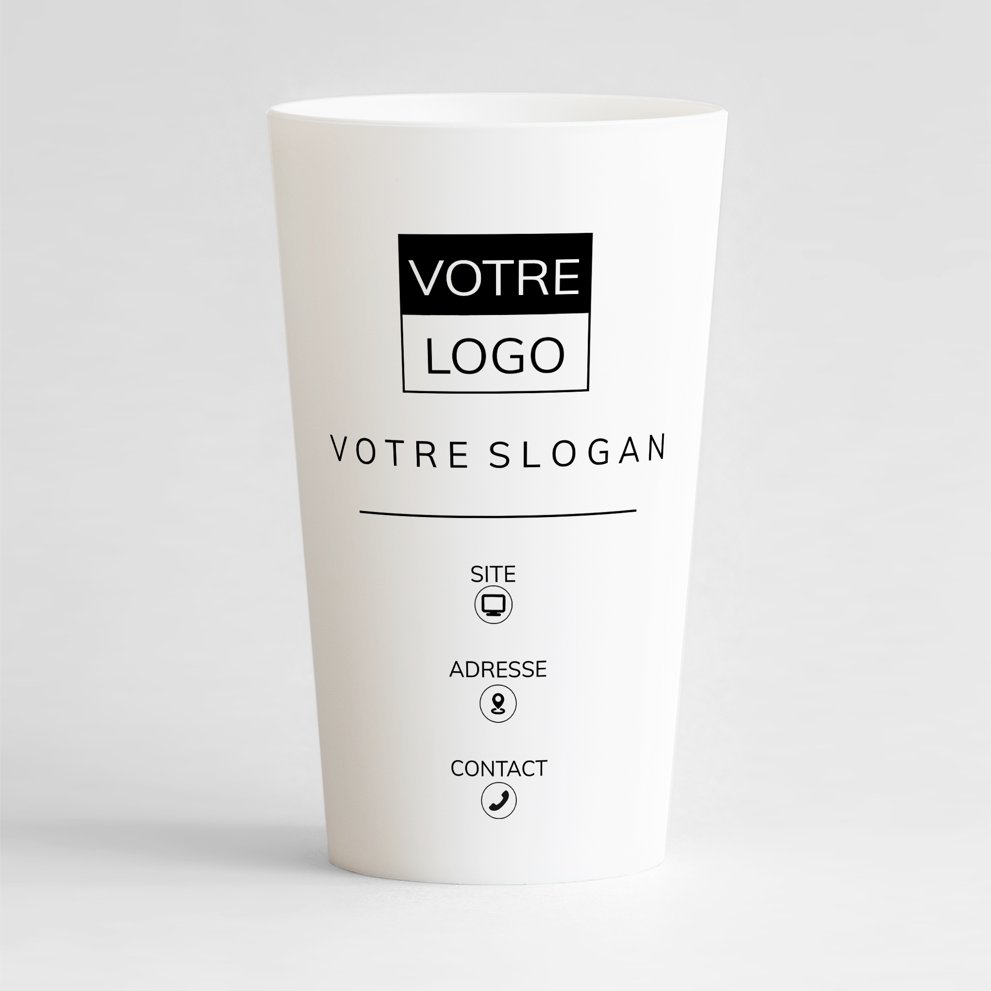 Un ecocup blanc de face à personnaliser pour votre entreprise avec logo, slogan et contacts design.