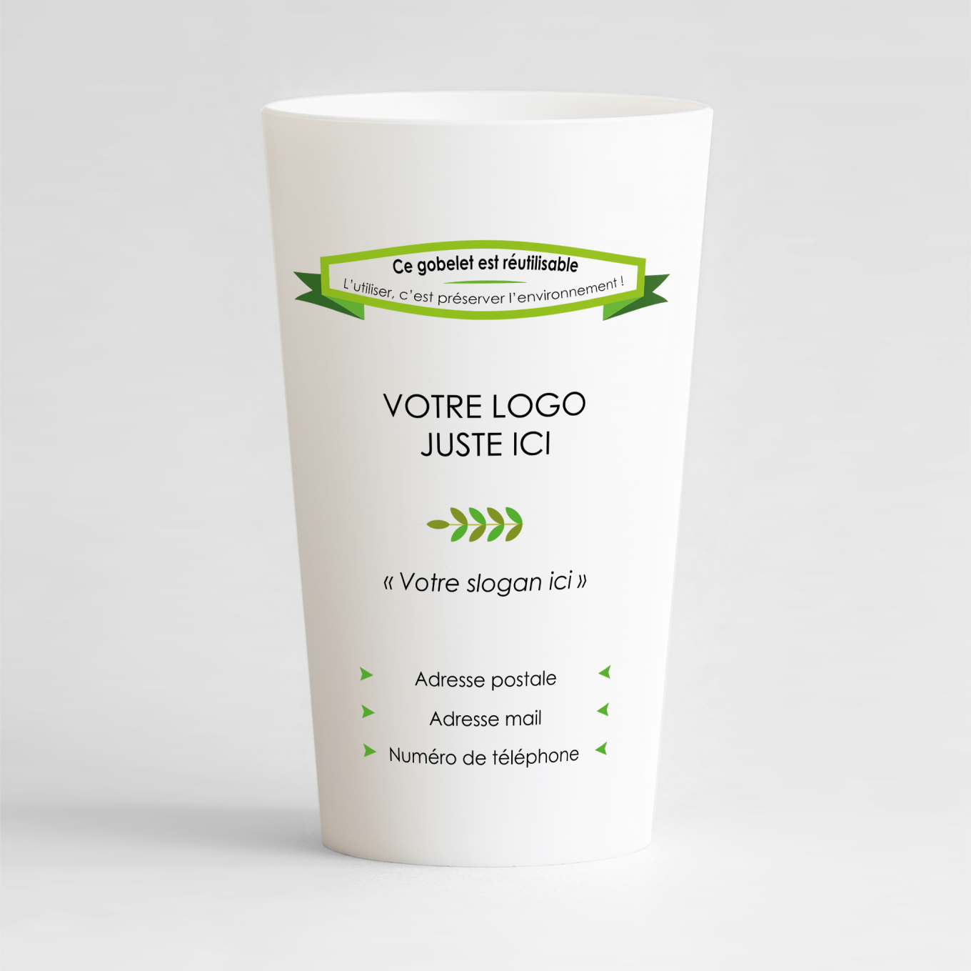 Un ecocup blanc de face pour votre entreprise avec un message écologique, des couleurs vives et des zones pour votre logo et vos coordonnées