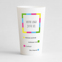 Un ecocup blanc de face pour votre entreprise avec des couleurs vives et des zones pour votre logo et vos coordonnées