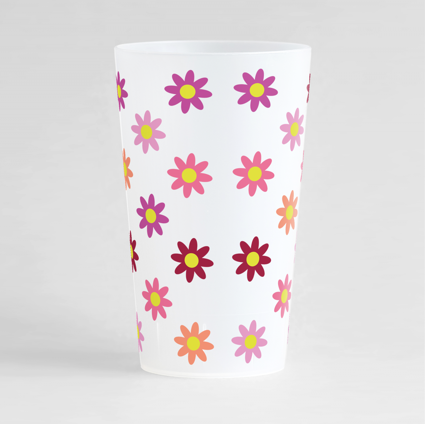 Un ecocup givré de dos avec des fleurs colorées