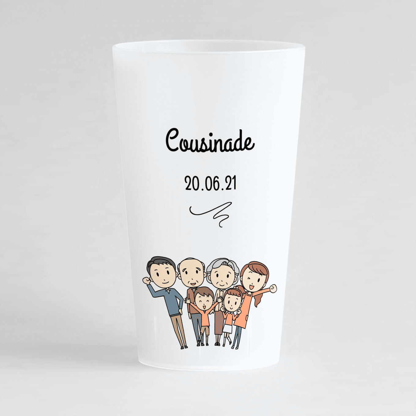 Un ecocup givre de face pour une cousinade avec la date et une photo de famille