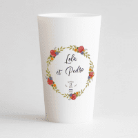 Un ecocup blanc de face pour un mariage avec une couronne en fleur et les prénoms des mariés et la date