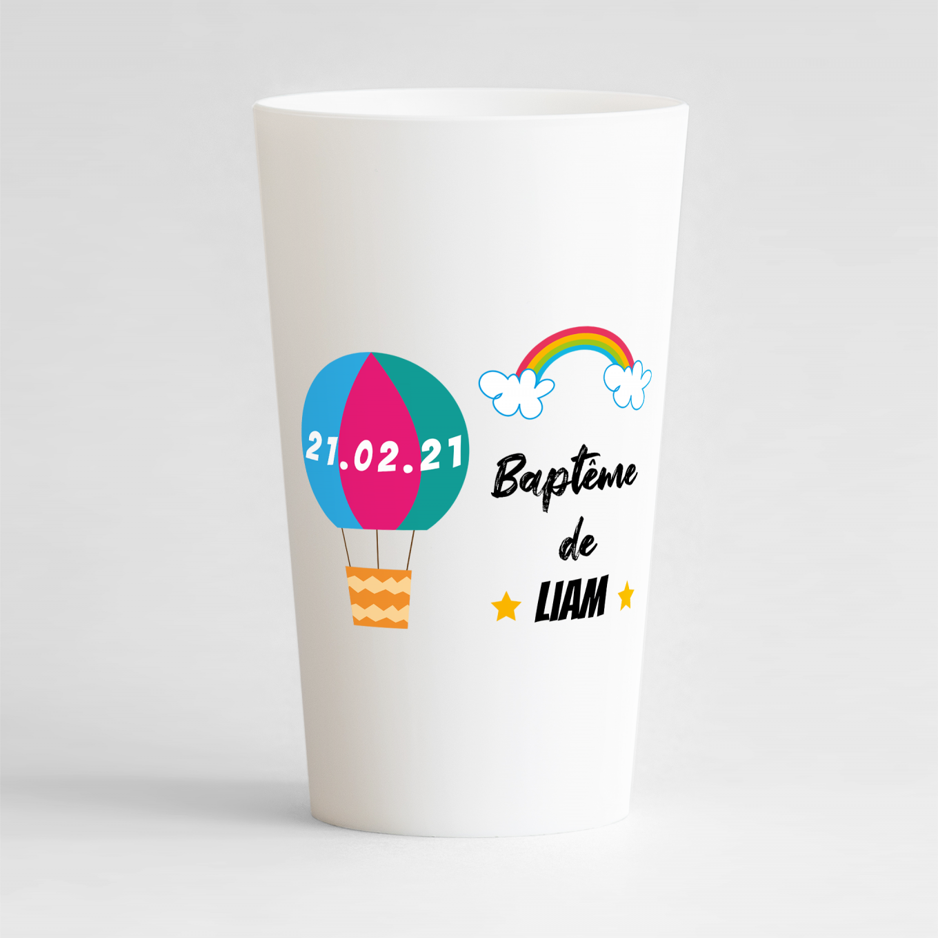 Un ecocup blanc de face pour un baptême avec une montgolfière et un arc en ciel