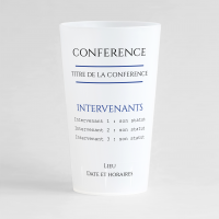 Un ecocup givré de face pour une conférence, avec le thème de la rencontre, les noms des intervenants ainsi que la date et le lieu de la rencontre.