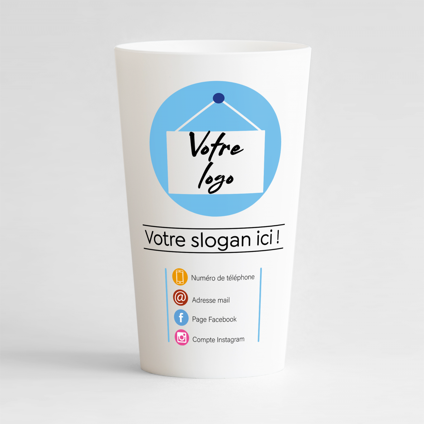 Un ecocup blanc de face pour entreprise personnalisé avec nom de l'entreprise et coordonnées