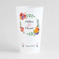 Un ecocup givré de face avec une couronne de fleurs d'été pour un mariage, à personnaliser.