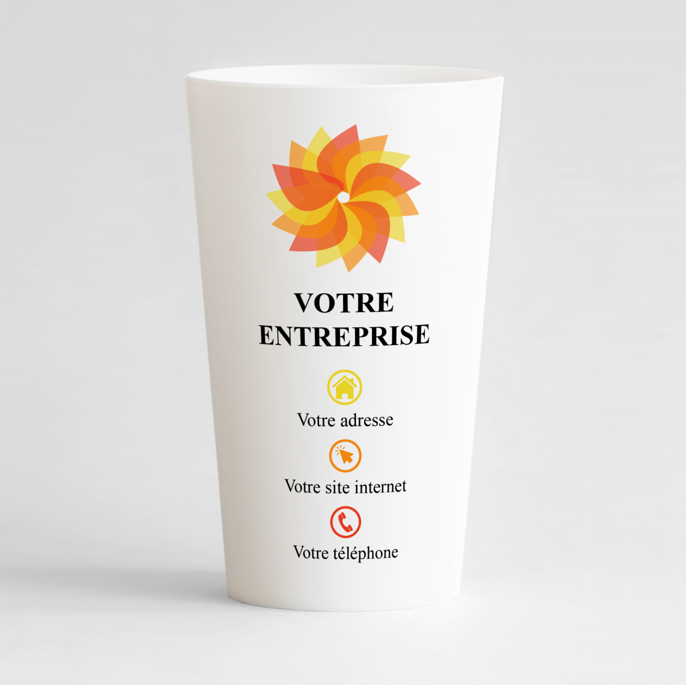 Un ecocup blanc de face pour entreprise personnalisé avec nom de l'entreprise et coordonnées