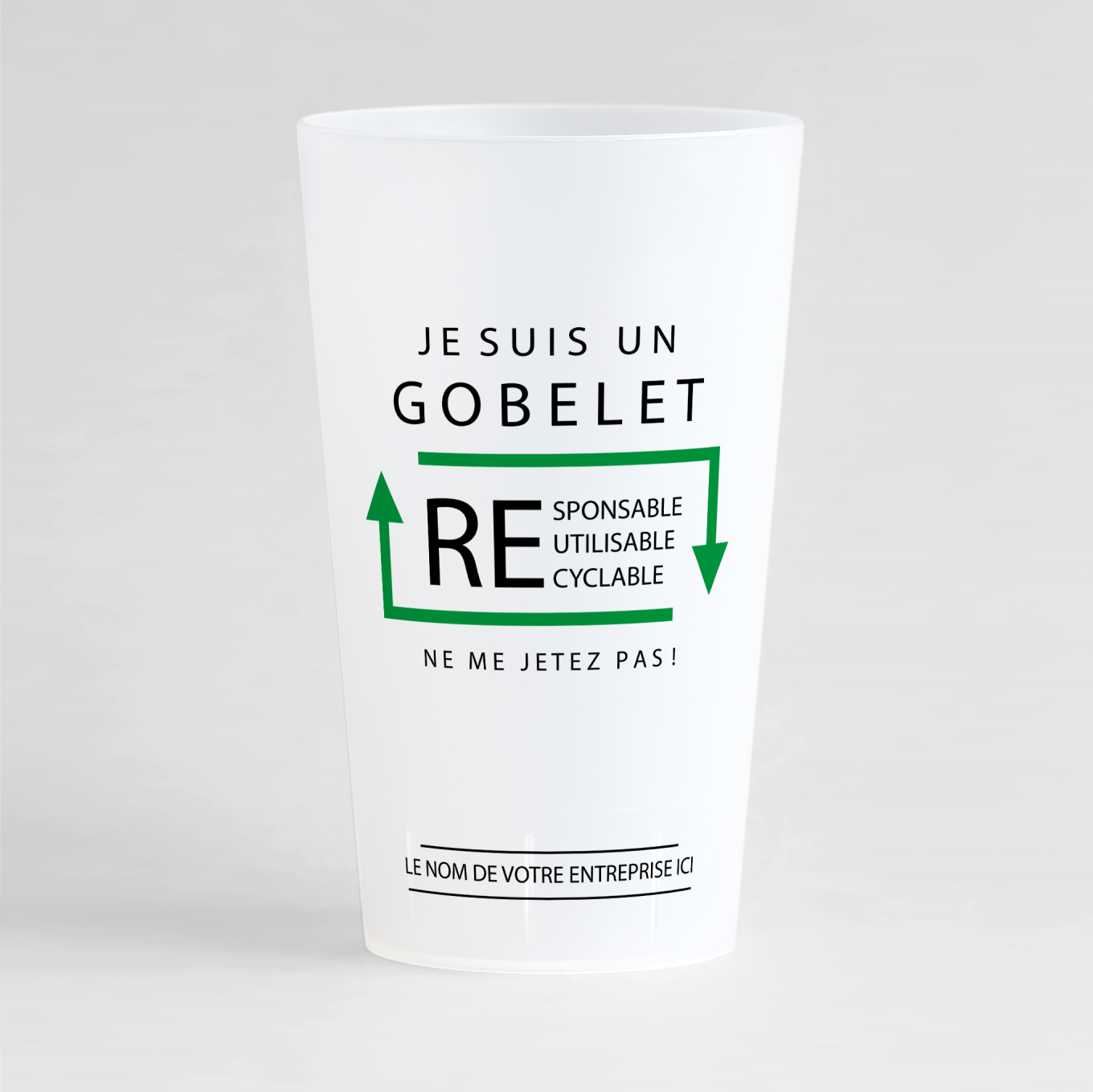 Un ecocup givré de face avec un message écologique, pour distribuer à vos clients ou vos salariés.