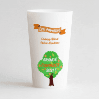 Un ecocup blanc de face pour une cousinade avec un arbre et un ruban