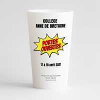 Un ecocup blanc de face pour votre événement portes ouvertes, ici avec un exemple pour un collège, à personnaliser.