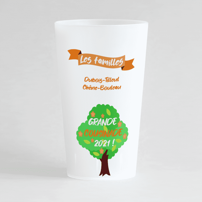 Un ecocup givre de face pour une cousinade avec un arbre et un ruban