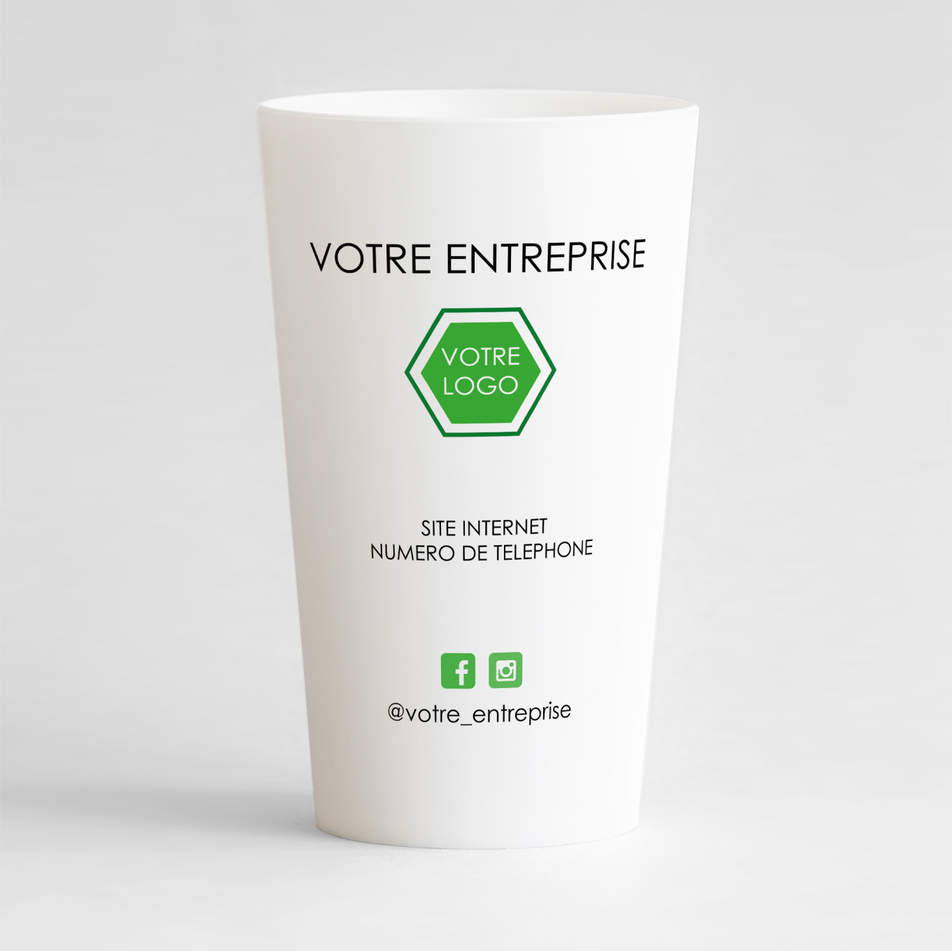 Un ecocup blanc de dos avec vos coordonnées, votre logo et le nom de votre entreprise.