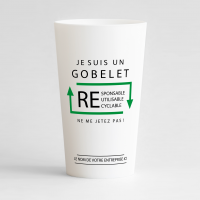 Un ecocup blanc de face avec un message écologique, pour distribuer à vos clients ou vos salariés.