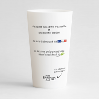 Un ecocup blanc de dos pour une entreprise, qui affiche fièrement ses valeurs !