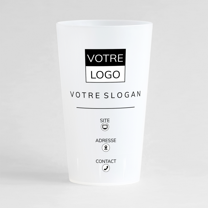 Un ecocup givré de face à personnaliser pour votre entreprise avec logo, slogan et contacts design.