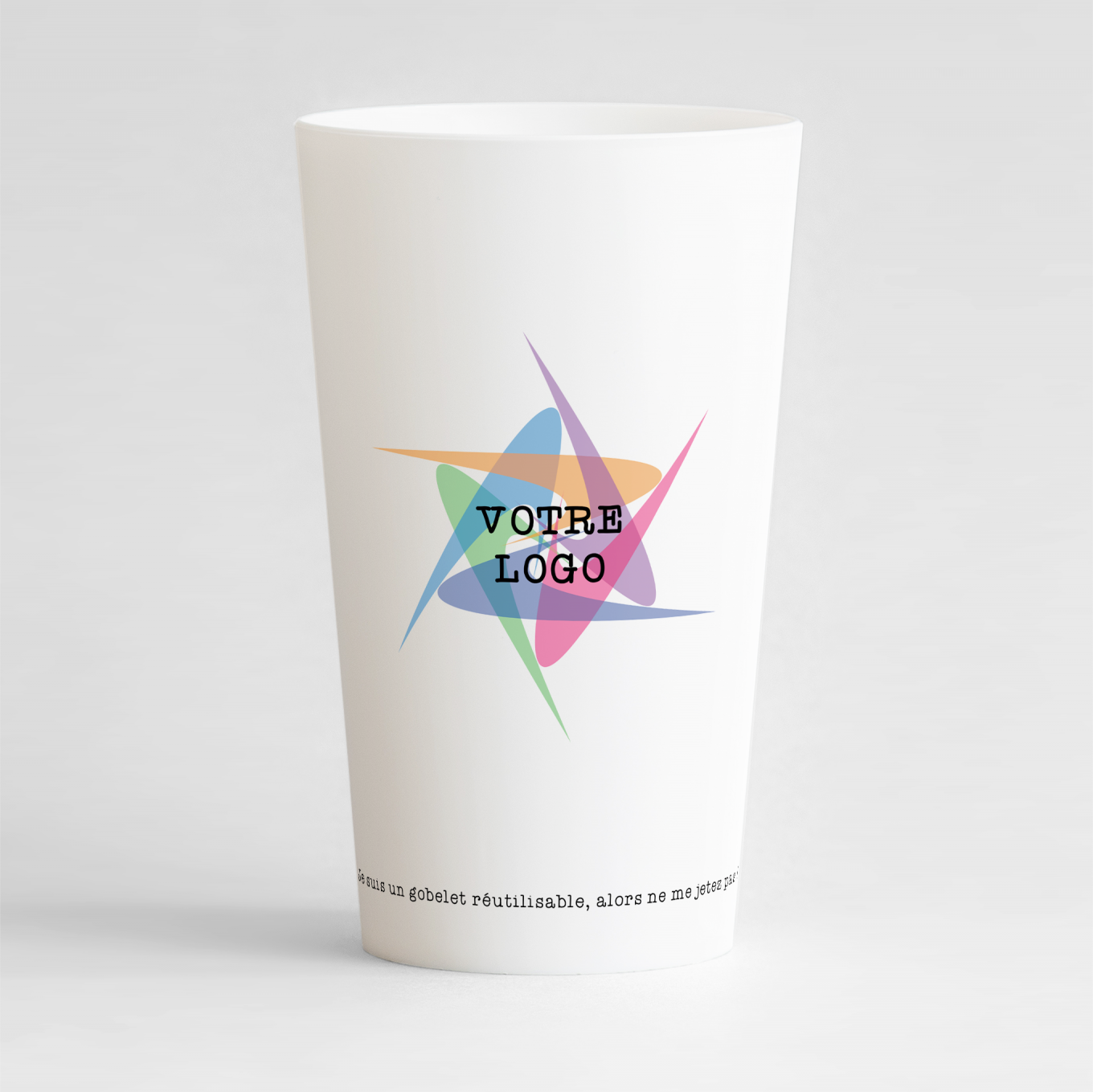 Un ecocup blanc de dos pour une entreprise, avec une zone pour un logo et une phrase "cocup réutilisable".