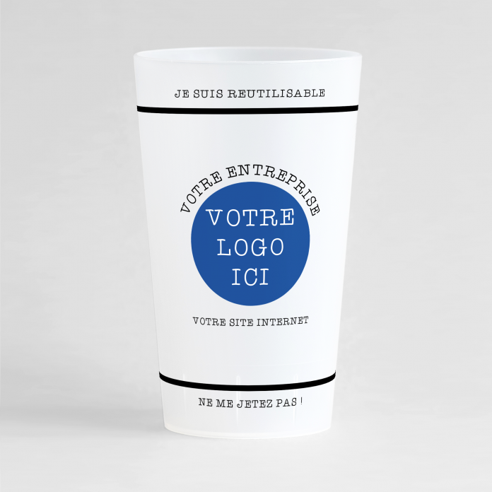 Un ecocup givré de face pour une entreprise, à personnaliser avec votre logo, votre nom et vos contacts.