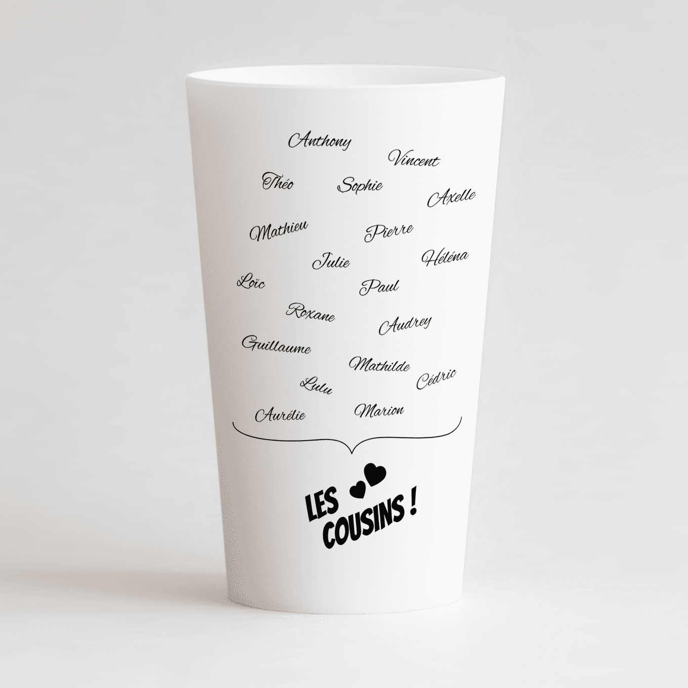 Un ecocup blanc de dos personnalisé pour une cousinade avec les prénoms de tous les cousins !