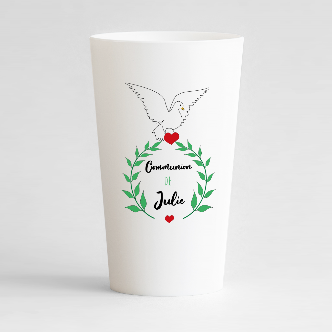 Un ecocup blanc de face pour une communion avec une colombe et une couronne de lauriers