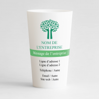 Un ecocup blanc de face pour une entreprise avec sa carte de visite personnalisable