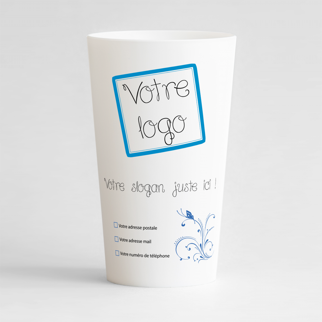 Un ecocup blanc de face pour votre entreprise avec des couleurs vives et des zones pour votre logo et vos coordonnées