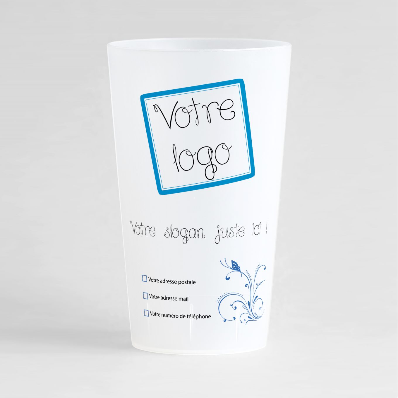 Un ecocup givré de face pour votre entreprise avec des couleurs vives et des zones pour votre logo et vos coordonnées