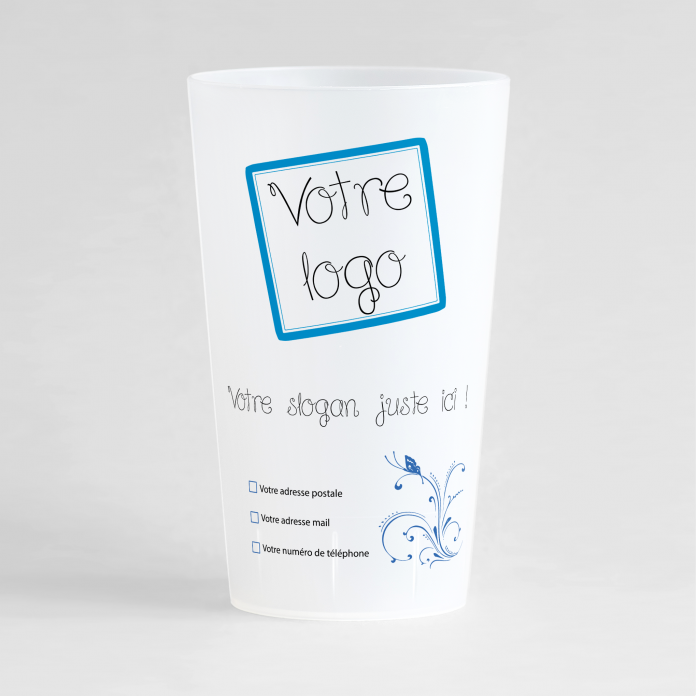 Un ecocup givré de face pour votre entreprise avec des couleurs vives et des zones pour votre logo et vos coordonnées