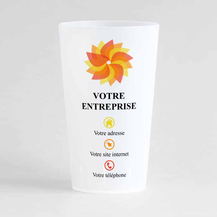 Un ecocup givré de face pour entreprise personnalisé avec nom de l'entreprise et coordonnées