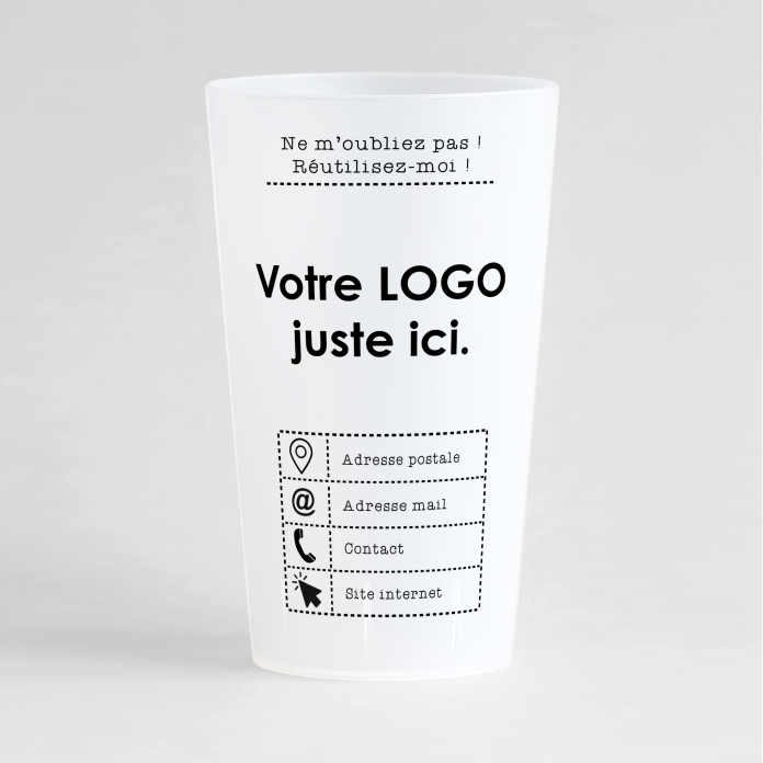 Un ecocup givré de face pour votre entreprise avec des couleurs vives et des zones pour votre logo et vos coordonnées