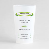 Un ecocup givr de face pour votre entreprise avec un message écologique, des couleurs vives et des zones pour votre logo et vos coordonnées