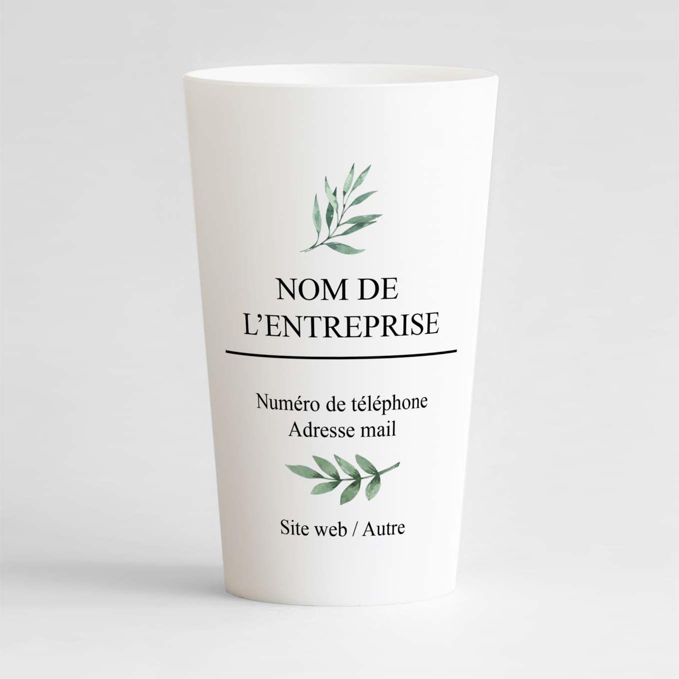 Un ecocup blanc de face pour entreprise personnalisé avec nom de l'entreprise et contact