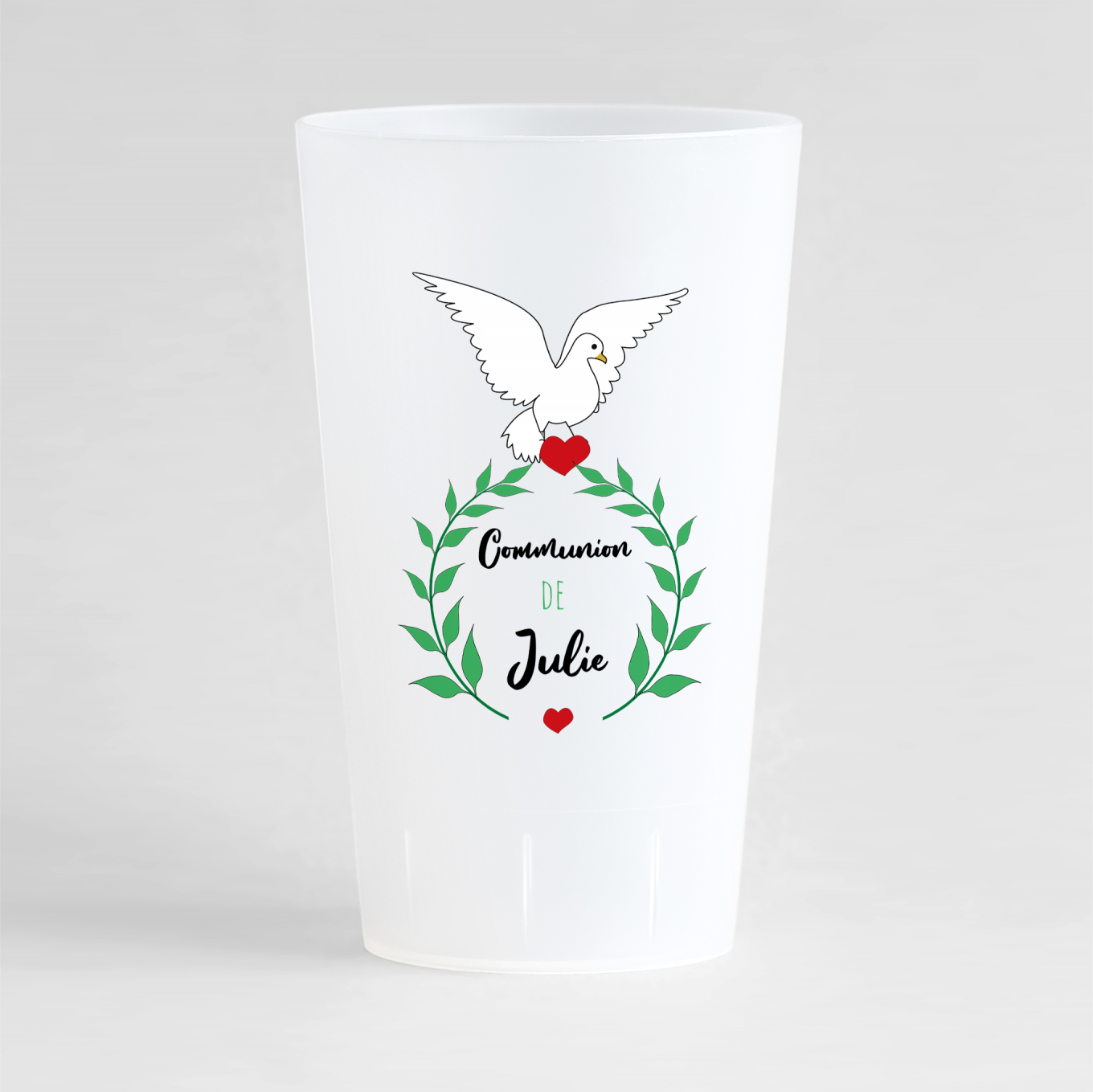 Un ecocup givré de face pour une communion avec une colombe et une couronne de lauriers