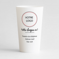 Un ecocup blanc de face avec un thème carte de visite réseaux sociaux , à personnaliser.