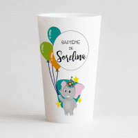 Un ecocup blanc de face avec un petit éléphant qui fait la fête, pour un baptême d'enfant.