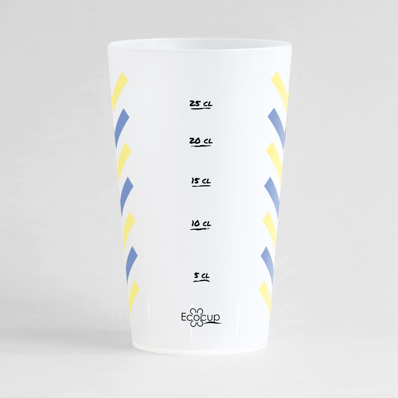 Un ecocup givré de dos avec une graduation, et une extrémité de motifs zai zags.