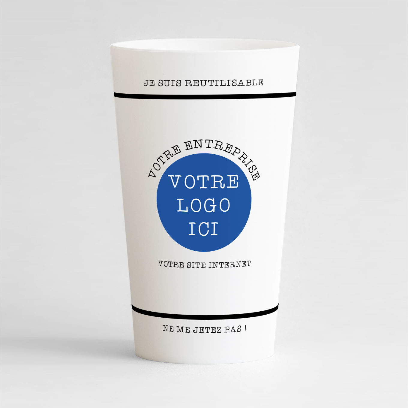 Un ecocup blanc de face pour une entreprise, à personnaliser avec votre logo, votre nom et vos contacts.